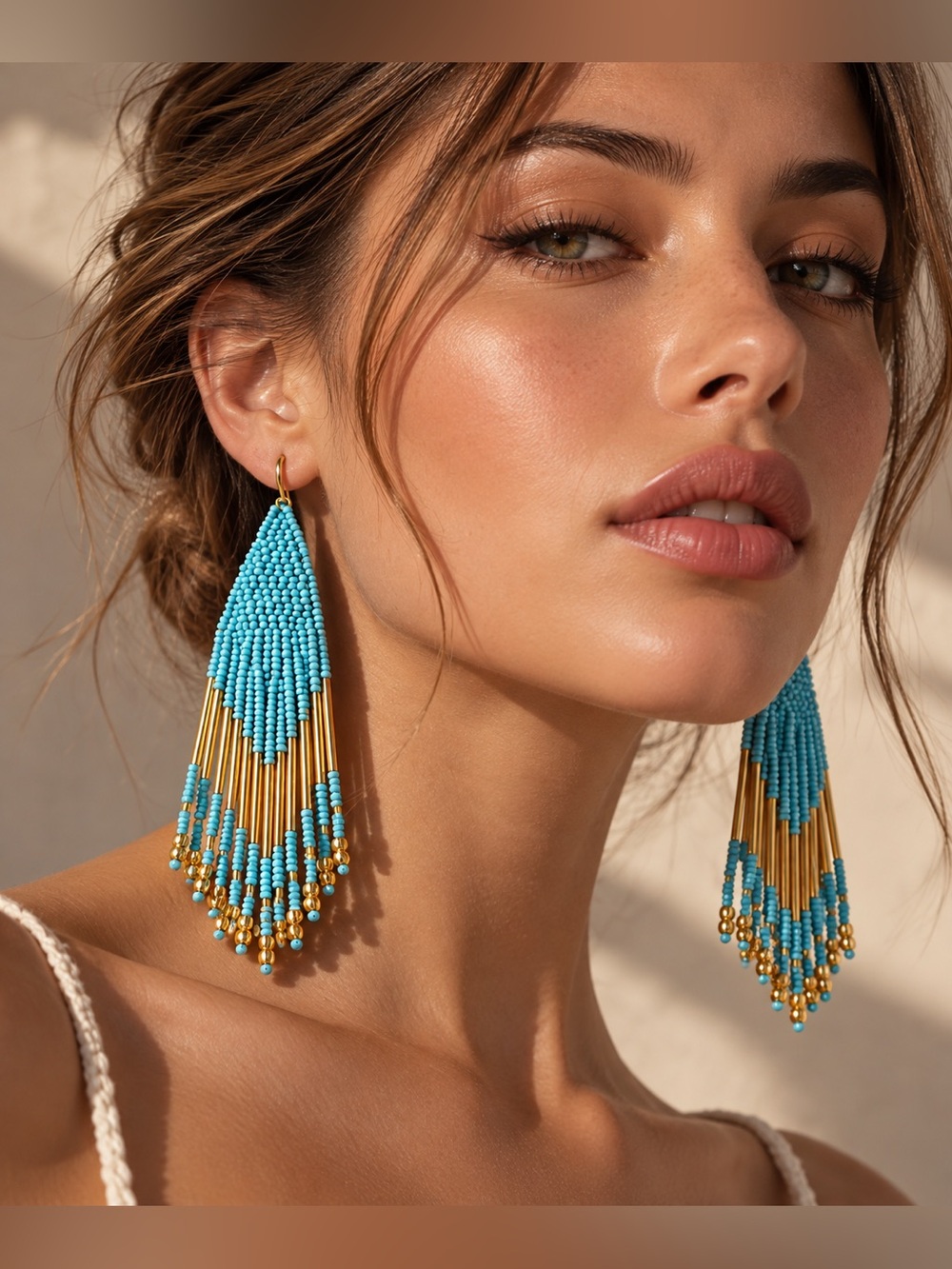 Rare Anthropologie Turquoise Beaded Statement Earrings Gold Tone Boho Dangle